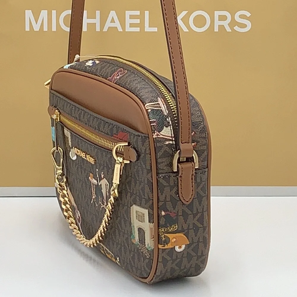 MICHAEL KORS JET SET GIRLS LARGE EAST WEST ZIP PACKED CHAIN XBODY BROWN MULTI